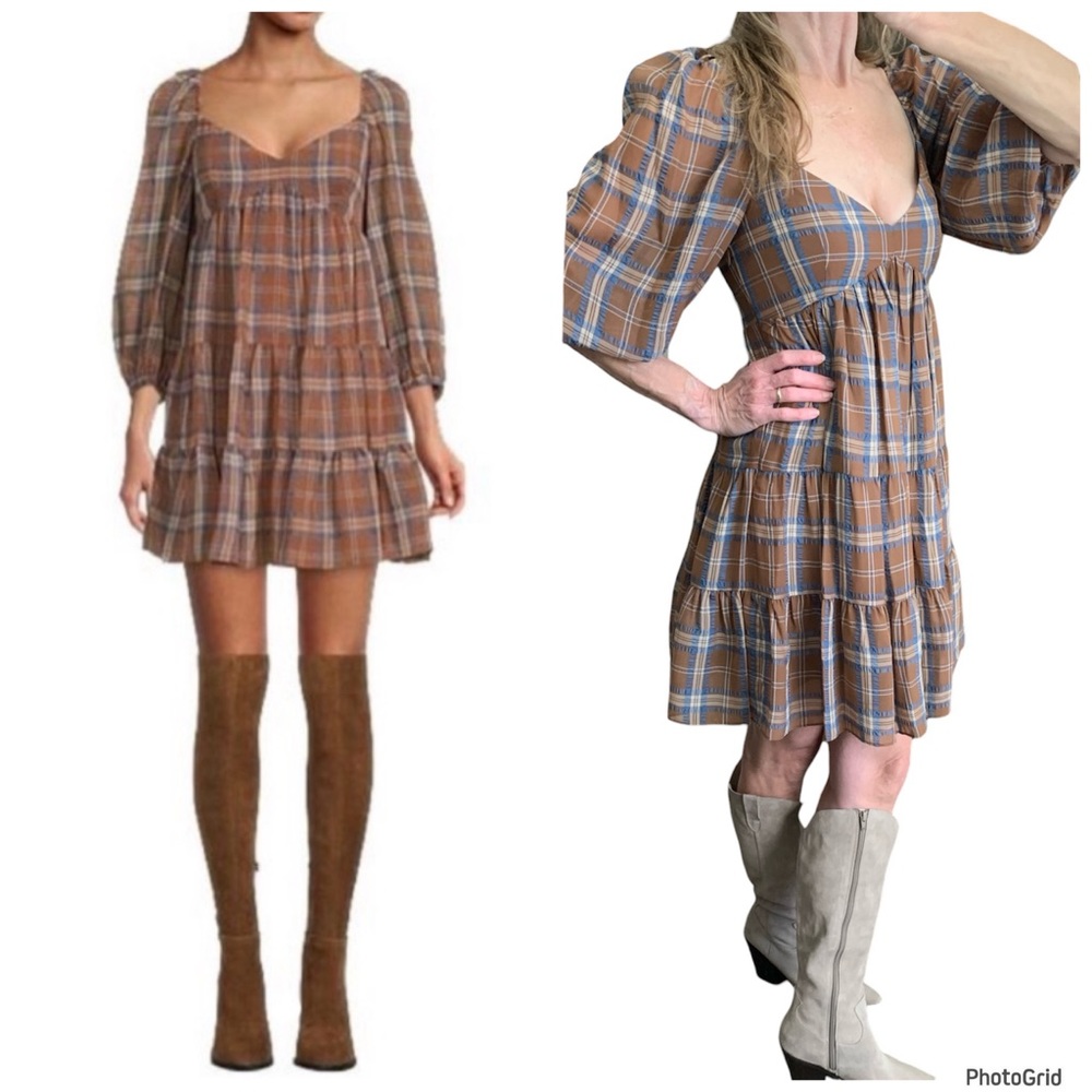 Gianni Bini Lyla Plaid Sweetheart Square Neck A-Line Tiered Dress